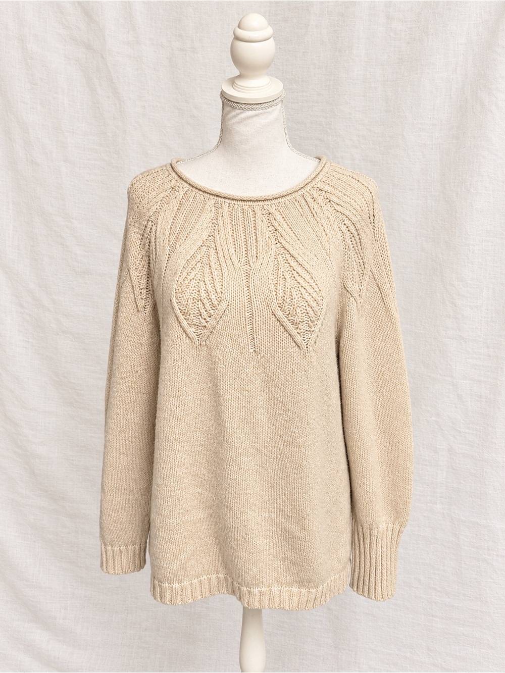CHAPS XL Cream Metallic Cable Knit Sweater Leaf Detail Cottagecore